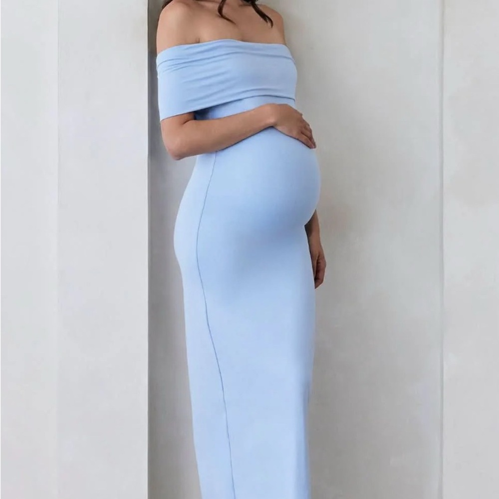 Strapless Maternity Maxi Dress in Light Blue bumpsuit